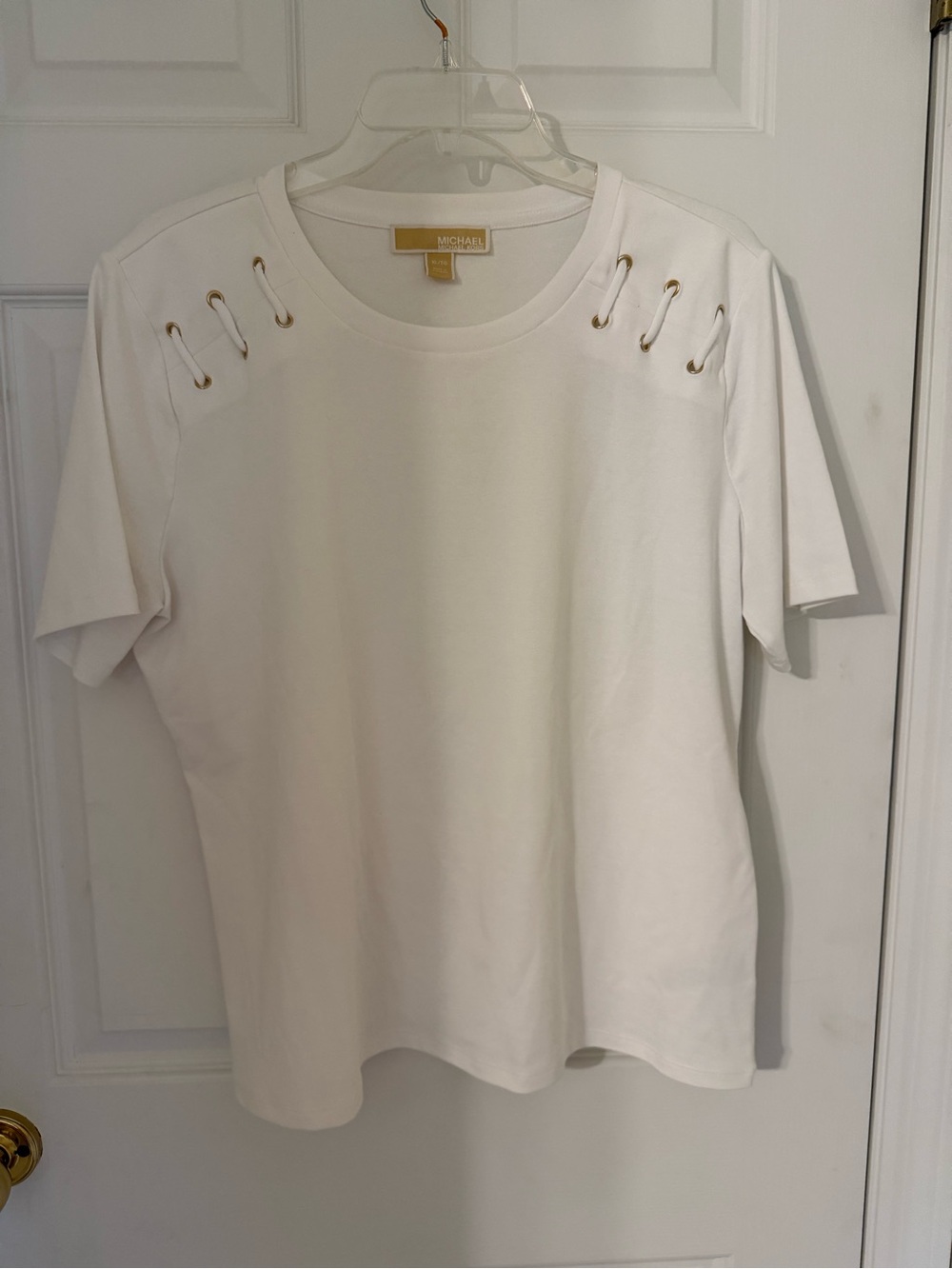 Michael Kors White Short Sleeve Top with Gold Grommet Detail - size XL